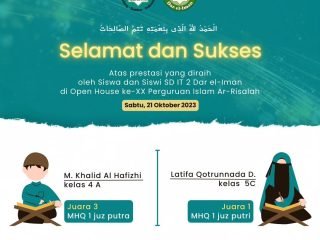 Selamat dan Sukses Atas Prestasi yang diraih oleh Siswa dan Siswi SD IT 2 Dar el-Iman di Open House ke-XX Perguruan Islam Ar-Risalah
