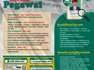 Lowongan Kerja Yayasan Dar el-Iman (Guru Walas - Guru Al Quran - Staff Koperasi - Staff Workshop Bagian Kayu - Security) Periode 01 s.d. 11 September 2024
